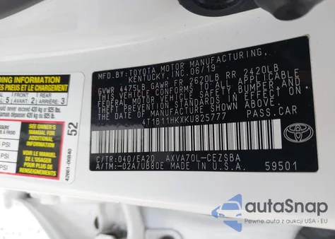 2019 Toyota Camry Se из США, поврежденный, VIN 4T1B11HKXKU825777